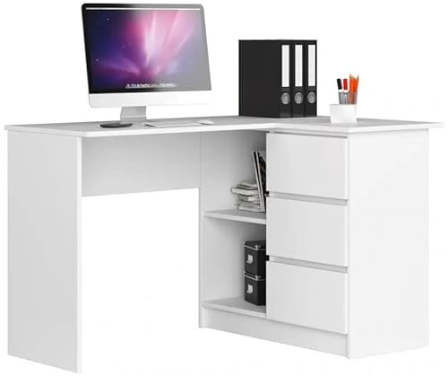 Happy Babies Eckschreibtisch Mit Bücherregal und 3 Schubladen für Zuhause, Büro - Einfache Montage, Weiß Rechts, 124x77x85