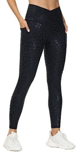 THE GYM PEOPLE Women's V Cross High Waist Yoga Leggings with Pockets, Tummy Control Yoga Pants for Ladies Gym Sports Running, Black Leopard, S