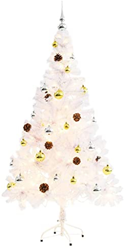 KOIECETA Künstlicher Weihnachtsbaum mit Kugeln LEDs Tannenbaum 150CM Christbaum Dekobaum Kunstbaum Weihnachten Dekoration Weihnachtsdeko Weiß