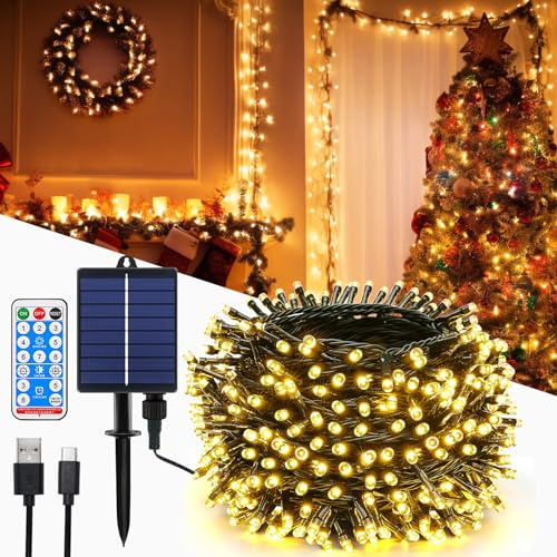 MOLVCE Solar Lichterkette Aussen, 30m 300LED Lichterkette Solar mit Fernbedienung, 8 Modi, Timer, USB-Kabel, Dimmbar Solarlichterkette Wetterfest für Balkon Weihnachten Deko, Warmweiß