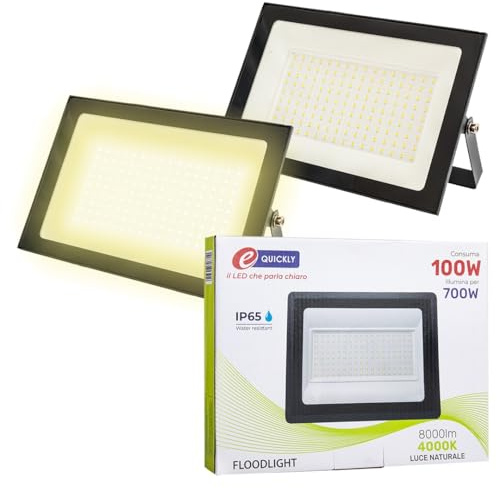 E-QUICKLY faretti LED da esterno - 100W, potente proiettore da 8000 lumen, faretto led da esterno con luce bianca naturale 4000K, faro LED grado di impermeabilità IP65, faretti da giardino 220V, 2 PZ