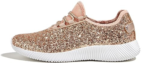 K KIP WOK Fashion Glitter Sneakers for Womens Silp On Running Shoes Lightweigt Tennis Walking Sneakers(New Rose Gold,6B(M) US)