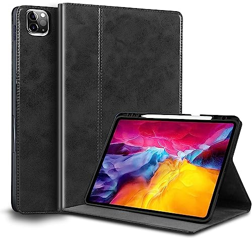 Gexmil Leder Hülle für iPad Pro 12.9 6./5./4./3. Gen,2022/2021/2020/2018 | Smart Leder Cover/Flip mit Stifthalter,Auto Schlaf/Aufwachen,Schutzhülle Einstellbarer Ständer,Stoßfest,Schwarz