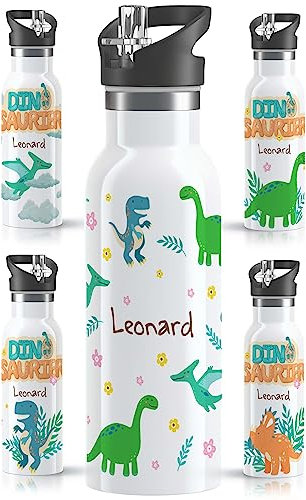 OWLBOOK® Edelstahl Trinkflasche Kinder personalisiert | Wasserflasche mit Strohhalm | 500 ml | Sportdeckel | Spülmaschinenfest | Schule Schulanfang Jungen Geschenke Einschulung Junge | Baby Dinos