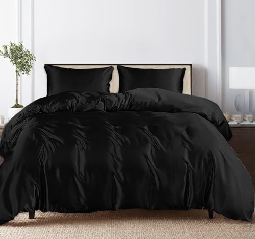 LINENWALAS Super King Duvet Cover Set, 100% Tencel Eucalyptus Silk Quilt Cover Set, Softer than Egyptian Cotton, Natural Moisture Wicking Bedding Set (SuperKing, Jet Black)