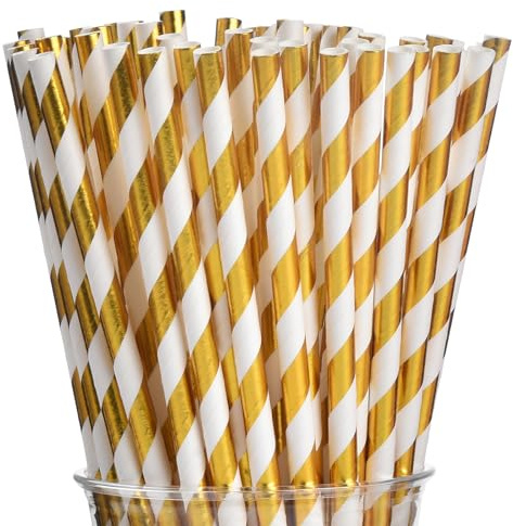 ALINK 100 White and Gold Striped Paper Straws, Biodegradable Disposable Drinking Straws for Birthday, Bridal/Baby Shower, Christmas, New Year, Party Decoration Supplies