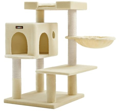 Feandrea Arbre à Chat, Tour de Jeux pour Chat avec Griffoirs en Sisal, Grande Plateforme, Niche, Panier Pivotant, Coussin Amovible et Lavable, Beige PCT42M