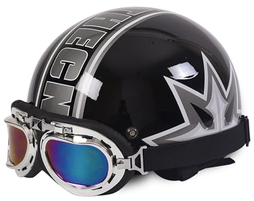 Motorrad Halbhelme mit ECE, Vintage Helme mit Schutzbrille, Jethelm Retro, Chopper Helm, Scooter-Helm, Fahrradhelm, mit Herausnehmbares Innenfutter