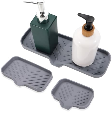Roucerlin 3er-Set Seifenschale aus Silikon mit Ablaufauslauf, Küchenseifenablage mit Ablauf, selbstentleerende Spülbeckenschale, Schwammhalter, Matten-Organizer für Spender, Schrubber, Flaschenzähler