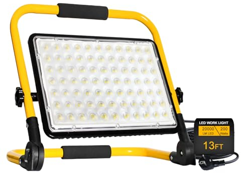 Faretto LED da Cantiere 200W, 20000lm Faro LED da Cantiere Portatile Luce Bianca 6500K IP66 Impermeabile Cavo 4M, Rotazione 360°con Staffa Pieghevole, Faretto Lavoro per Edilizia,Officina