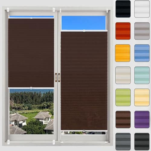 Jalousien Fenster Raffrollo, Fenster plissee 40 x 180 cm, Blickdicht Sichtschutz Sonnenschutz, Wabenplissee Raffrollo ohne Bohren, Thermo Plissee ohne Bohren, für Fenster & Tür, Braun