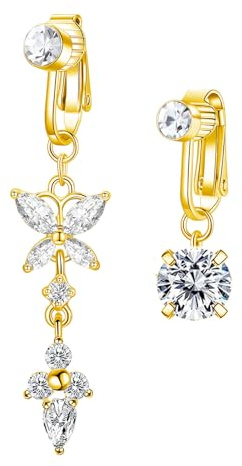 Besyvvin Faux Piercing Nombril Acier Chirurgical Clip Fake Piercing Nombril Anneau Coeur Papillon Dangle Faux Bijoux De Piercing
