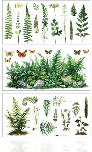 GLOBLELAND 3 piezas de transferencia de muebles de plantas vintage de 5.9 x 11.8 pulgadas, helecho, mariposa, hojas, calcomanías autoadhesivas para pared, decoración de dormitorio, sala de estar