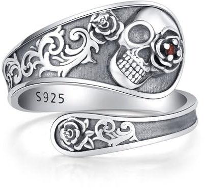 Halloween Skull Open Ring 925 Sterling Silver Gothic Rings Rose Flower Spoon Rings Adjustable Gothic Jewellery Gifts For Women Men Ladies