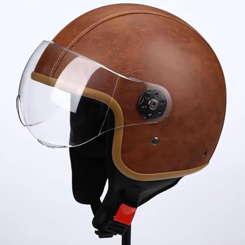 Casco moto 3/4 Casco in pelle PU Casco aperto unisex-adulto Casco moto modulare stile vintage retrò Casco da turismo per motociclista Approvato DOT/ECE per uomo B,L58-59CM