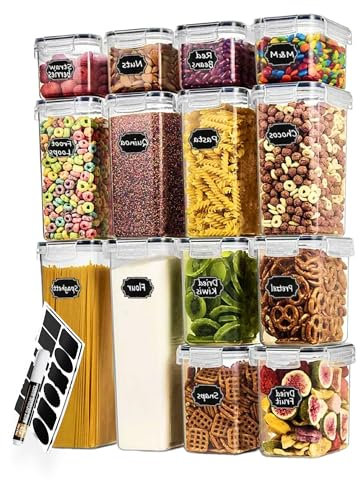 14-Piece Airtight Food Storage Container Set, BPA-Free, Stackable Kitchen Pantry Organizers for Cereal, Flour, Meal Prep, Clear Plastic with Lids, Includes Labels and Marker, White