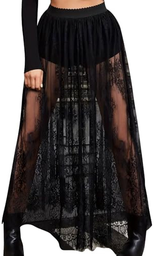NSICBMNO Jupe Longue Plissée Gothique Steampunk - Dentelle Florale Transparente et Sexy pour Femme - Idéale pour Halloween et Fêtes, 01 - Noir, M