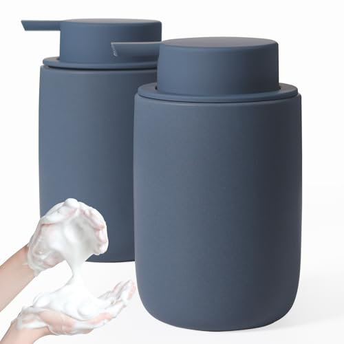 Autumnlife Dispenser di sapone in schiuma, 2 dispenser di sapone in ceramica, con grande pompa ed etichetta, colore blu opaco, per cucina, bagno, piano di lavoro, 350 ml