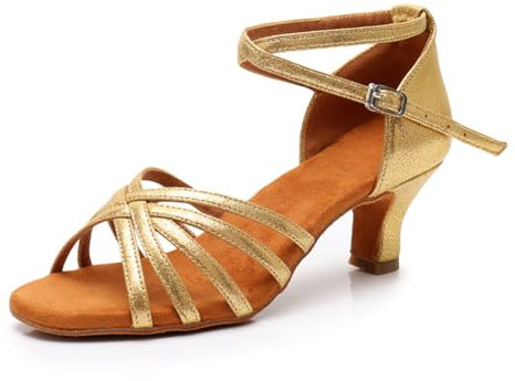 Lvguang Latinska dansskor för kvinnor 5 cm klackar latinamerikanska dansskor satin jazzskor dam Tango Bachata öppen tå skor 7 cm, 5 cm Guld 02, 40 EU