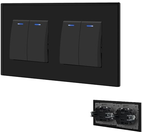 BSEED Lichtschalter Unterputz mit Steckklemme, Lichtschalter Glas 2 Fach 2 Weg+2 Fach 2 Weg, Taster Schalter Unterputz mit LED Kontrollleuchte, Wandschalter für Wohnzimmer, Büro, Küche-Schwarz