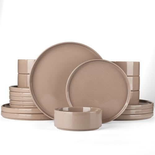 Richmount Nebula Geschirrset 6 Personen, 18-teiliges Teller Set und das Schüsselset, Sprenkel Steingut Geschirr Set, Tafelservice, Mikrowellen- & Spülmaschinenfest, Zimtbraun