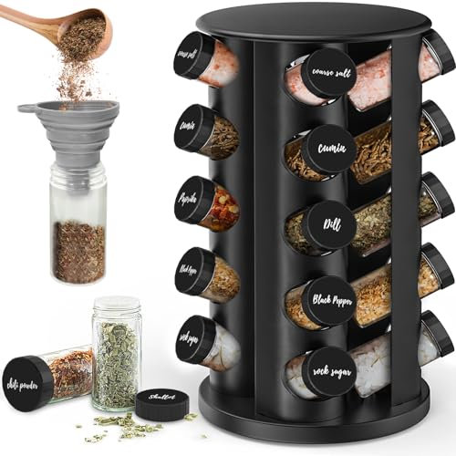 IPEB Rotating Spice Rack Organizer with 20 Spice Jars Revolving Stainless Steel Seasoning Rack with Stickers and Folding Funnel for Countertop or Cabinet, Black