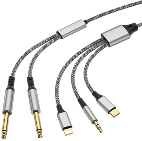 Ligh-tning zu Dual 6,35mm 1/4 Audio Adapterkabel, 3-in-1 zu Dual 1/4 Zoll Audio Kabel mit DAC Chip, kompatibel mit Smartphones, Computern, Kopfhörern, Lautsprechern und Mischpulten. Geeignet für Phone