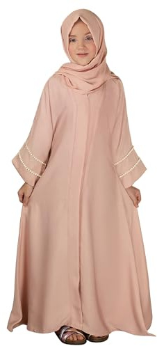 FYMNSI Muslimisches Kleid für Mädchen Kinder Gebets-Outfits Chiffon V-Ausschnitt Maxi Abaya Einteiler Kleid Robe mit Hijab Set, champagnerfarben, 11-12 Jahre
