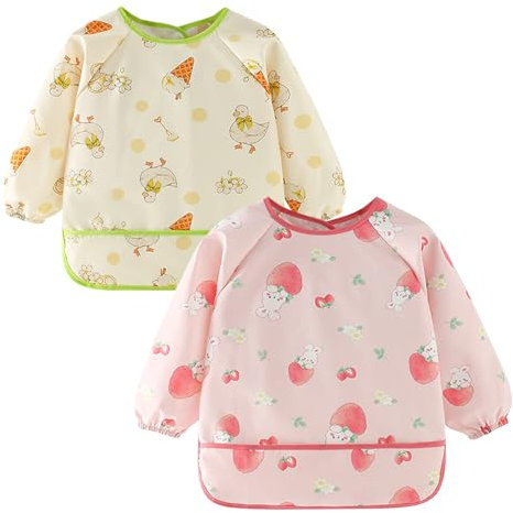Happy Cherry 2er Baby Lätzchen Ärmellätzchen Abwaschbar Wasserdicht Lätzchen mit Ärmeln für Kinder zum Essen Spielen und Malen 3-4 Jahre