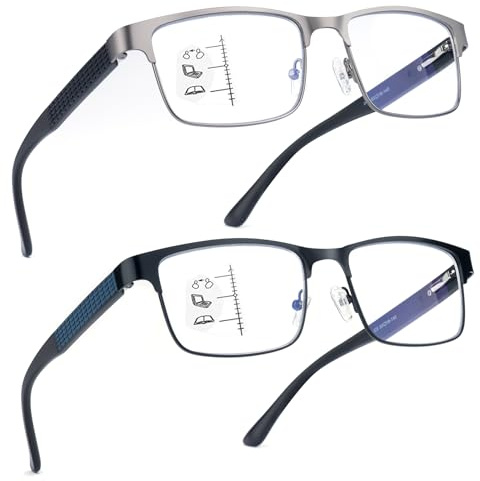 Missfive 2 Pack Metall Gleitsichtbrille Herren, Nahbereichs-Gleitsichtbrille für Büro und Lesen, bis 1 Meter, Halbrahmen Multifokale Lesebrille Mit Federscharniere, 2.75x