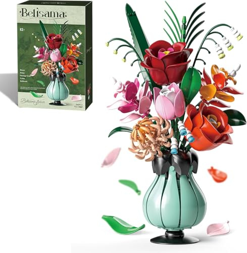 Flower Bouquet Building Set with Vase,Roses, Lotus, Lily of the Valley Artificial Flowers, Botanical Collection for Home Décor, Creative Gifts for Adults Women Boys Girls 8-12+ (566 pcs)