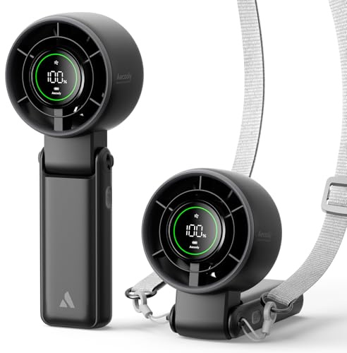 Aecooly Handventilator,Mini Ventilator 5000mAh Akku Aufladbar, Bis zu 22 Stunden, 5-stufiger Wind, LED-Display Klein klappbar 3-in-1 ventilator für Reisen,Sommer, Geschenke für Frauen-schwarz