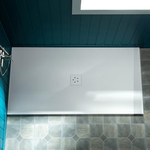 WOODBRIDGE 47.75 x 36 Zero-Threshold Shower Base for Wheelchair Access, Low-Profile Non-Slip Design with Center Drain, Matching Decorative Drain Plate and Tile Flange, White