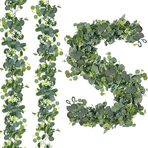 2Pcs Artificial Eucalyptus Garlands,5.9Ft Greenery Garland With White Flowers Artificial Garland Plant Fake Hanging Green Leaves Vines Faux Silver Dollar Ivy Vine Plant for Wedding Arch Table Decor