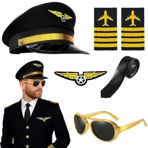 Chingcoo Pilot Kapitän Kostüm Zubehör,Pilot Set Kapitän Fasching Karneval,Schulterklappen Streifen, Pilotenhut und Sonnenbrille, Für Erwachsene Männer für Party Dress up