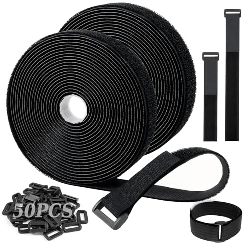 PIWOSGOL Cinta De 10m x 2cm Con 50 Hebillas, Longitud Ajustable y Recortable, Bridas De Cable Reutilizables y Regulables(Negro)