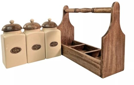 Fyne-Finds Cream Ceramic Large Coffee Tea Sugar Jars with Airtight Lids Brown Wooden Rack Kitchen Canisters Set