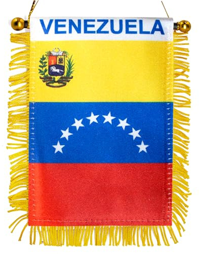 Anley Bandera Colgante de Ventana de Venezuela 4 x 6 Pulgadas con Flecos – Doble Cara con Ventosa para Mini Bandera y Decoración para el Espejo Retrovisor del Auto