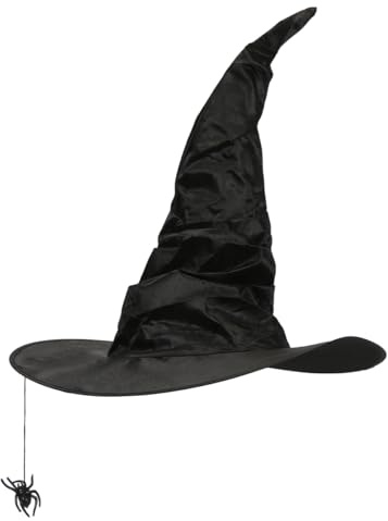 Meleager Hexenhut Damen, Spitzes Hexen Hut Schwarz, Witch Hat mit Spinnenanhänger, Zauberhut Erwachsene für Karneval, Halloween, Kostümpartys