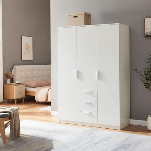 [en.casa] Kleiderschrank Eiselfing Schrank mit 3 Türen Garderobenschrank 176 x 120 x 52 cm Schlafzimmerschrank 2 Kleiderstangen 4 Fächer 3 Schubladen Weiß