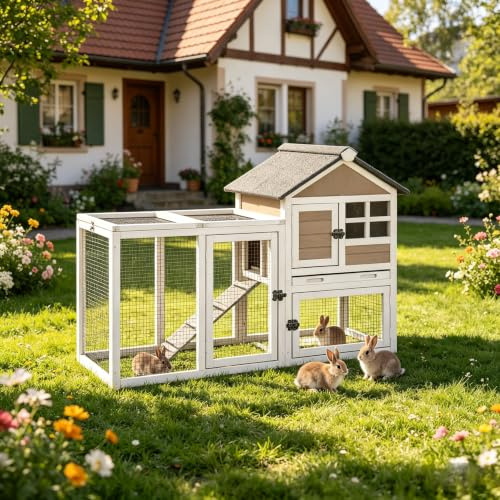 Aivituvin Hasenstall, Kaninchenstall für drinnen und draußen, Kaninchenkäfig mit Laufbereich, Hühnerstall mit herausziehbarem Obertablett (Braun, XZ7002-B)
