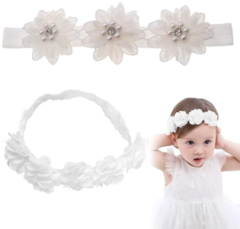 MIRKUZI Bandeaux pour bébés filles, Bandeau double tête extensible blanc pour nouveau-né, orné de fleurs, en nylon, avec 2 pièces. Accessoire pour cheveux de bébé. Cadeau idéal pour la naissance