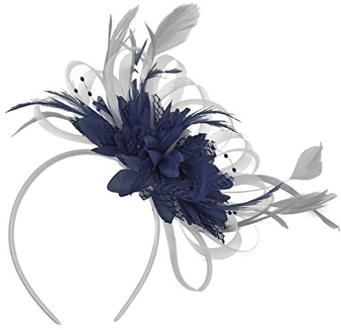 Grå silver och marinblå fascinator på pannband AliceBand UK bröllop Ascot tävlingsögla
