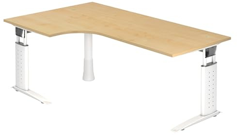 bümö höhenverstellbarer Eckschreibtisch U-Serie 200x120 cm in Ahorn, Gestell in weiß - Schreibtisch L Form, großer Tisch für's Büro, Computertisch höhenverstellbar