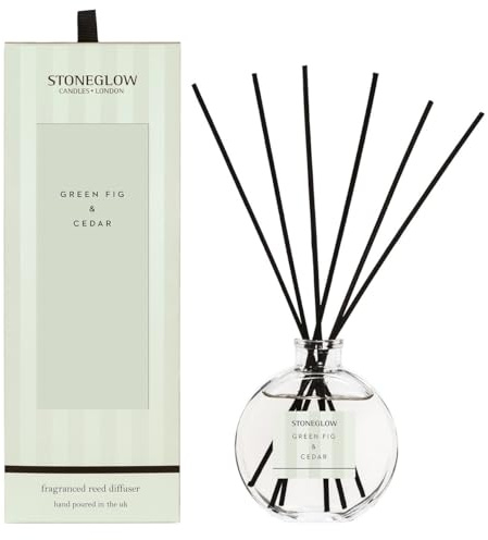 Stoneglow Modern Classics Green Fig & Cedar Scented Reed Diffuser 120ml with 12 Rattan Reed Diffuser Sticks, Orange Grapefruit Woods & Coconut Milk, Lasts 10 Weeks, Refillable Home Air Freshener