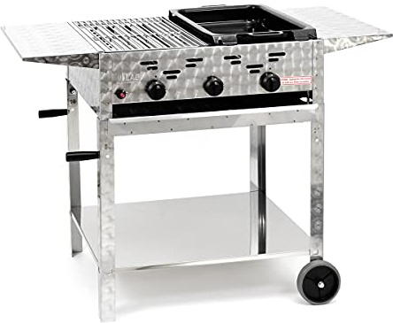 Gasgrill-Kombibräter 11kW 3-flammiger Edelstahl-Brenner fahrbar mit kl. Grillrost und kl. emaillierter Stahlpfanne Gastrobräter Profigrill