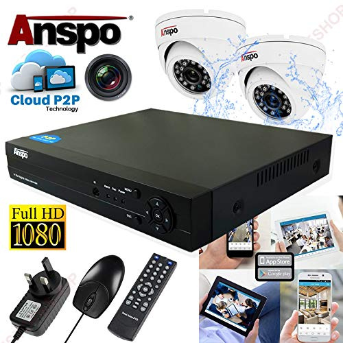 ANSPO Full HD 4CH CCTV DVR Recorder+2x 1080P Indoor/Outdoor 2MP Camera DVR System Kit (No HDD)