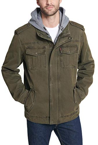 Levi's Men's Washed Cotton Military Jacket with Removable Hood (Standard and Big & Tall), Olive/Polytwill Lined, Small