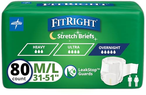 FitRight Extended Wear Stretch Briefs, Overnight Adult Diapers with Tabs, Size 1 (Case of 80)