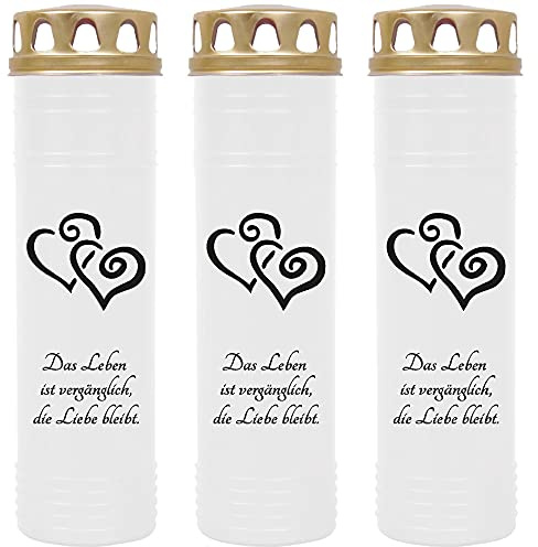 HS Candle Grabkerze Grablicht - 3er Pack - mit Motiv (2 Herzen Schwarz) - ca 170h / 7 Tage Brenndauer je Kerze (26cm, Ø 7cm) - viele versch. Designs